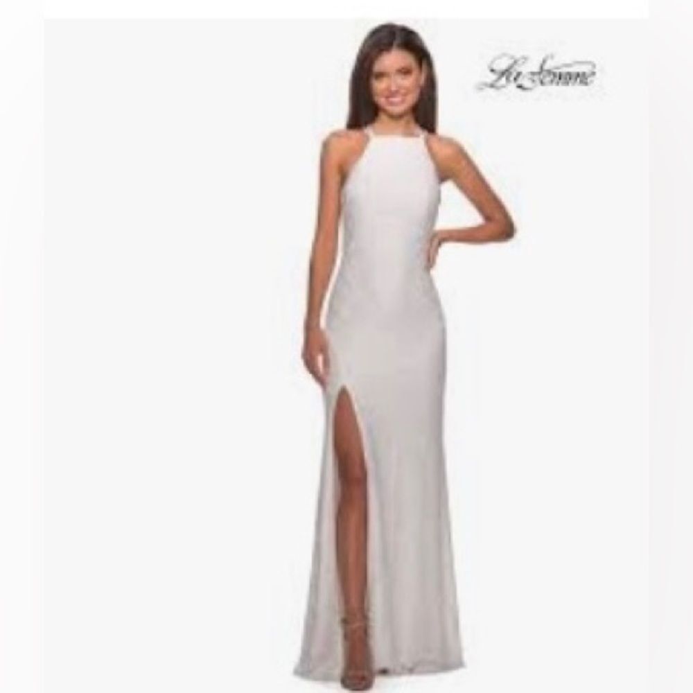 NEW La Femme white 27046 appliquéd and embellished sheath maxi gown dress 2